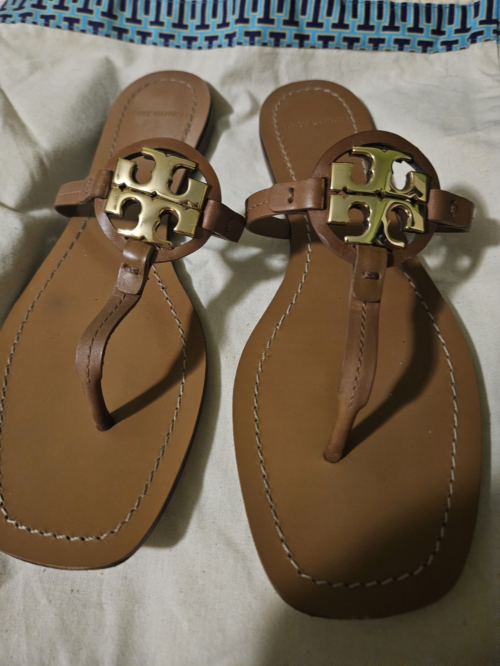Tory Burch Brown Miller Metallic Logo Thong Sandals